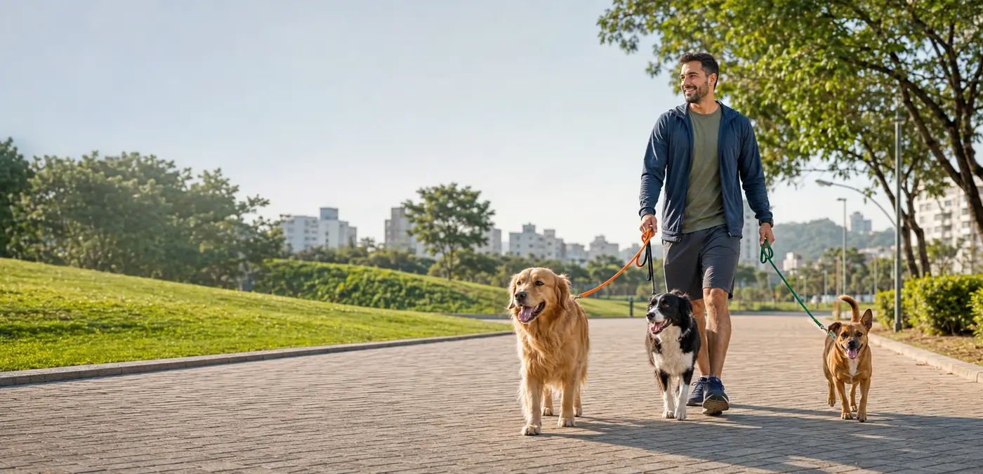 Profissional passeando com cães em um parque