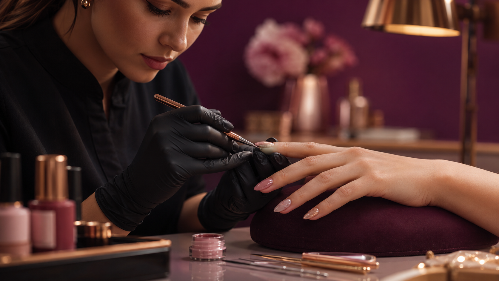 Nail designer realizando alongamento de unhas