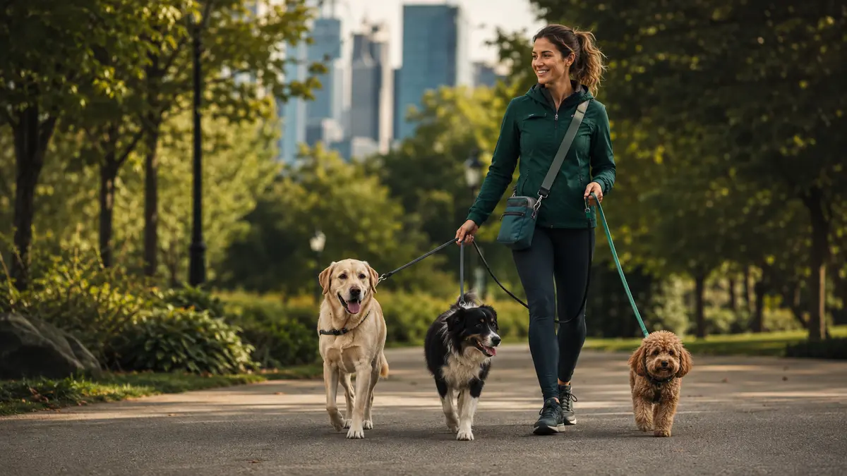 Profissional passeando com cães em um parque
