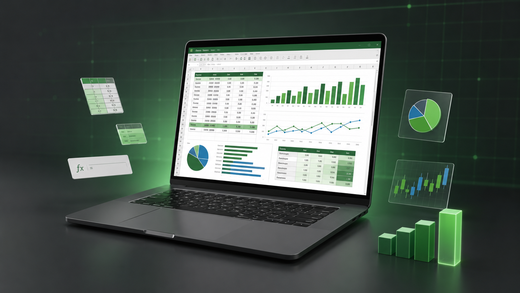 Notebook exibindo planilhas, gráficos e dashboards